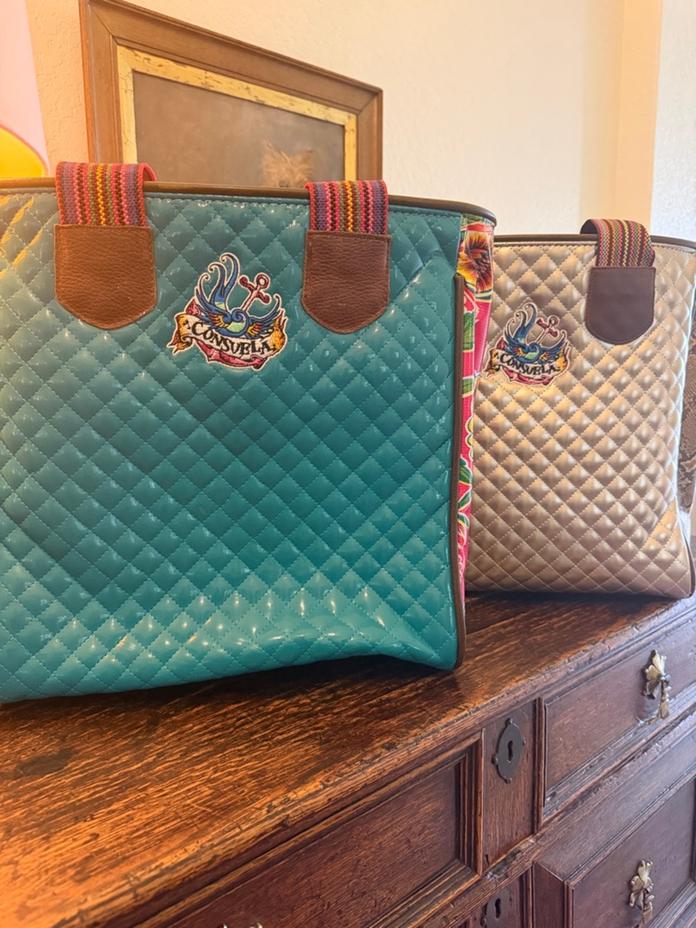 2 Consuela Quilted Totes with Striped Handles